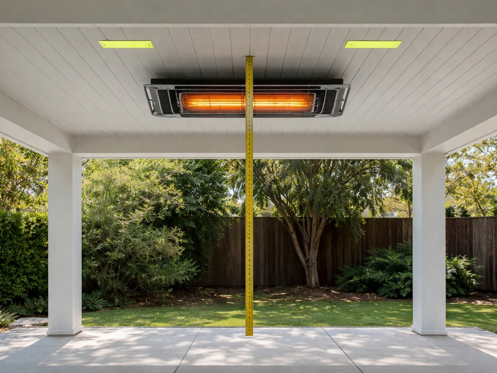 Covered patio with a heater under a roof, showing overhead clearance using tape and a hanging measuring tape.