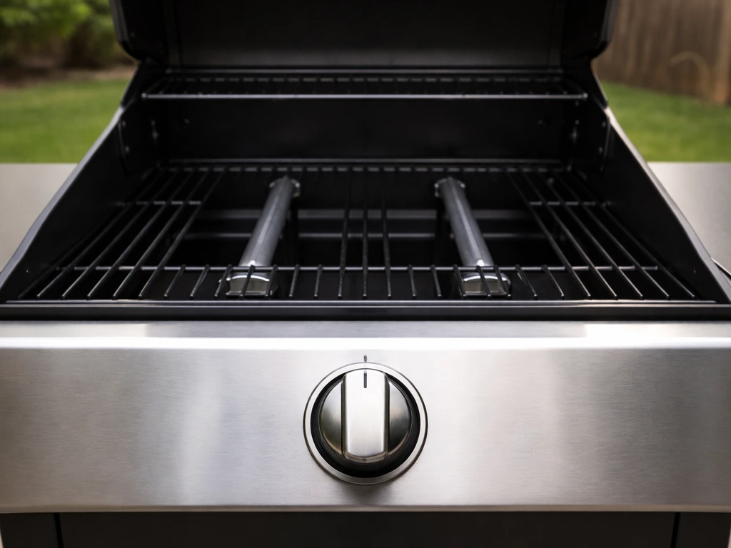 Gas grill lid open with a control knob in the safe off/ready position, burners visible, no flames.