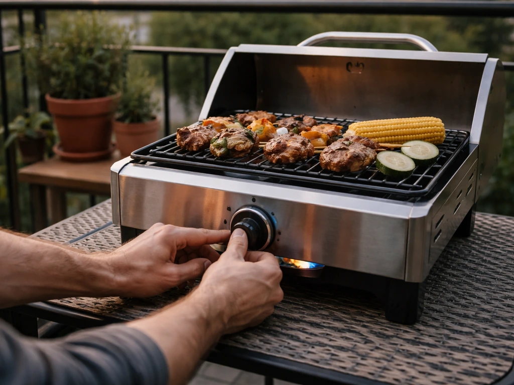 Compact tabletop gas grill on a small patio table with a visible flame under the burner.