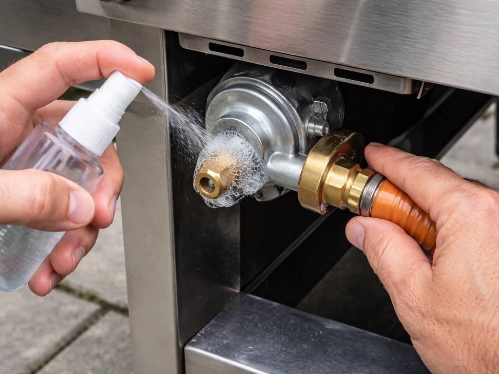 Technician hands spray soapy water on a propane regulator connection as bubbles form at the fittings.