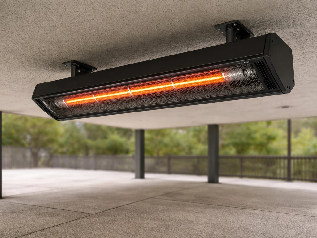 Gas infrared heater mounted under a covered patio with visible radiant tubes