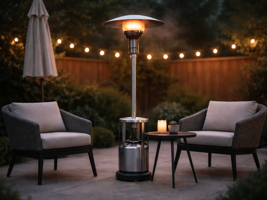 A propane mushroom heater glows on a quiet patio at dusk, warming stylish outdoor seating.