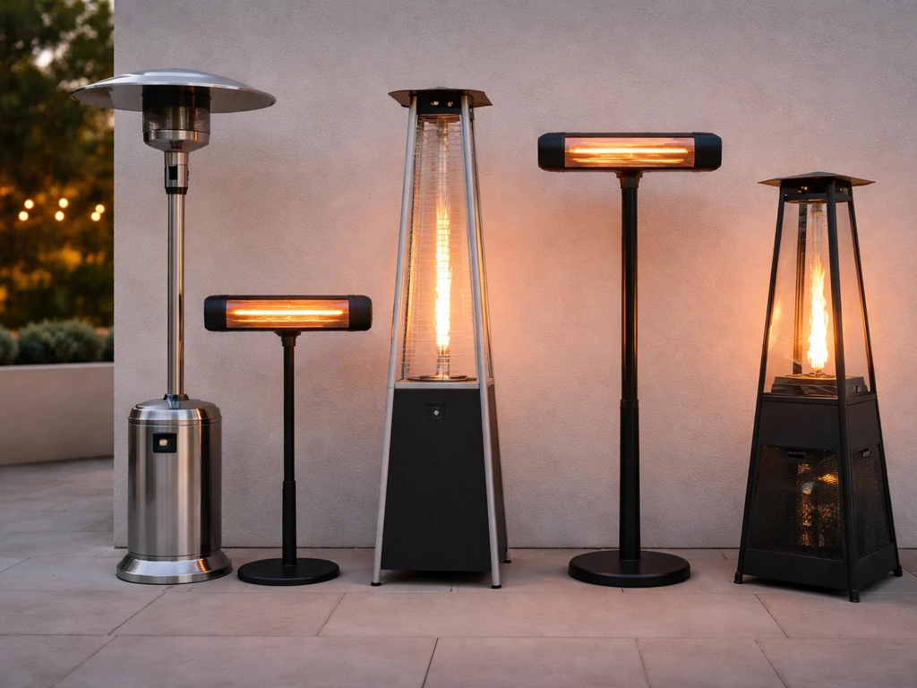 Five types of patio heaters grouped side-by-side on a quiet patio at dusk, no text.