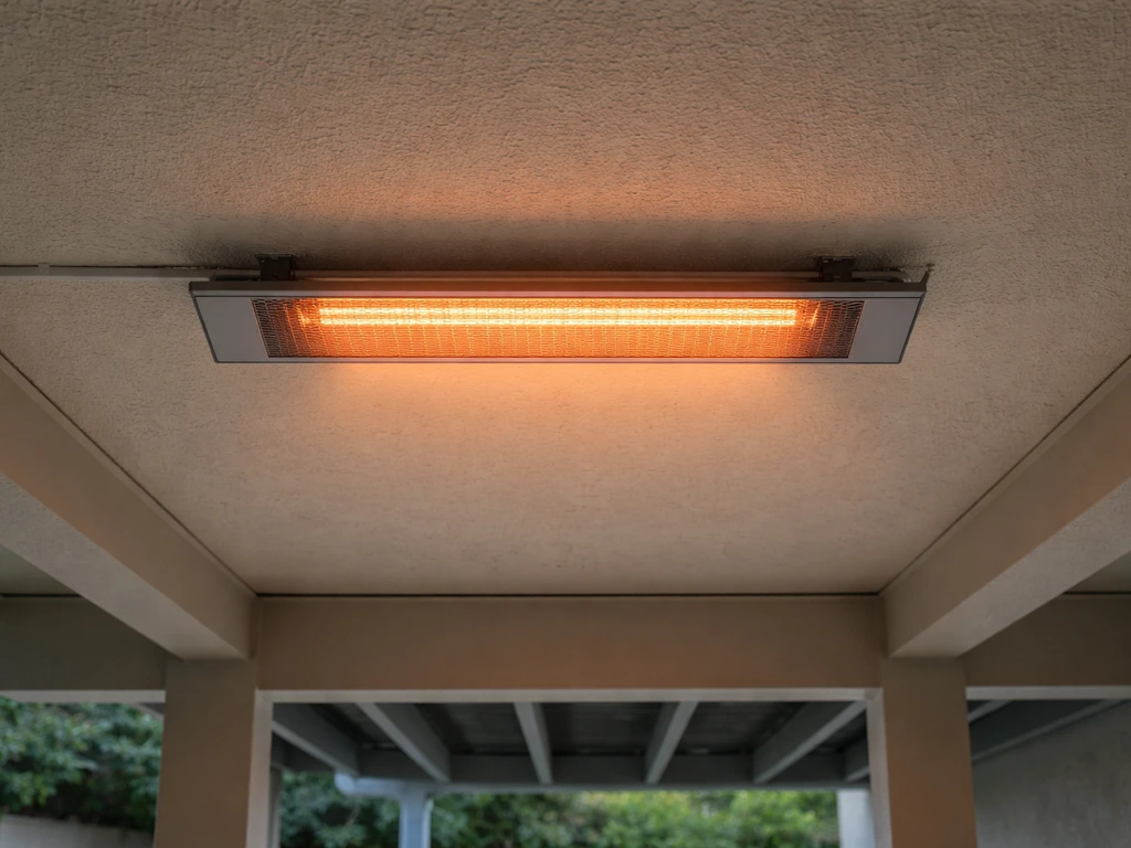Infrared heater panel mounted under a covered patio ceiling with a warm glowing effect.