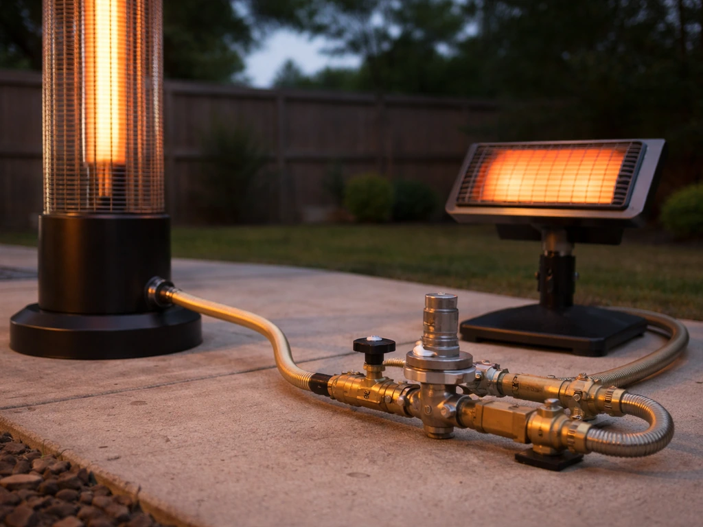 Outdoor natural gas infrared heater with tube/plaque burner and visible gas connection valves