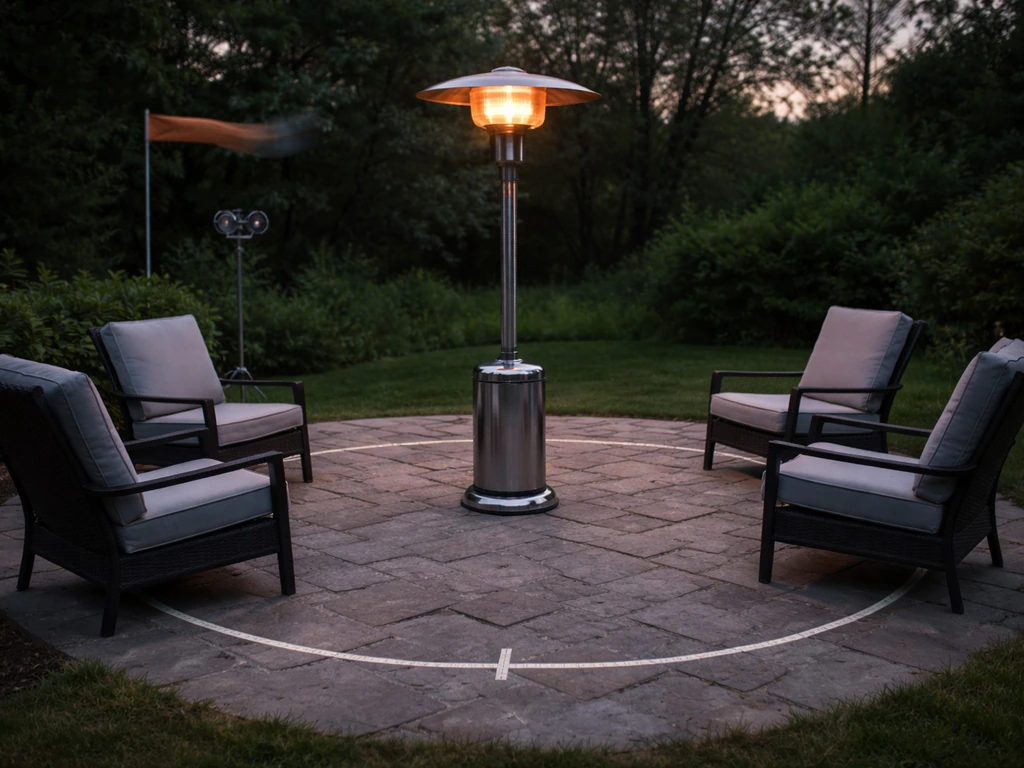 Outdoor patio heater with marked seating radius and a small wind indicator in the background