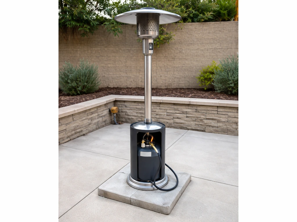 Patio heater on a non-combustible surface with safe clearances and a propane hose/regulator positioned away from combust