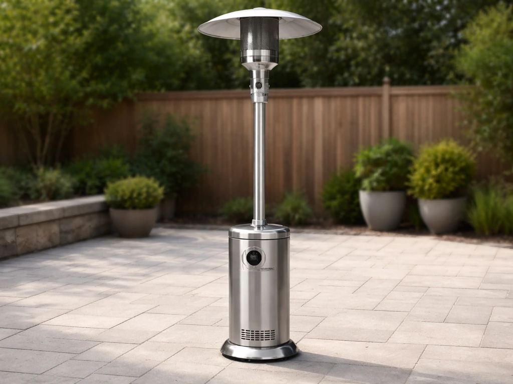 Sleek propane patio heater standing on a patio with a visible BTU label, wheels resting on stone.