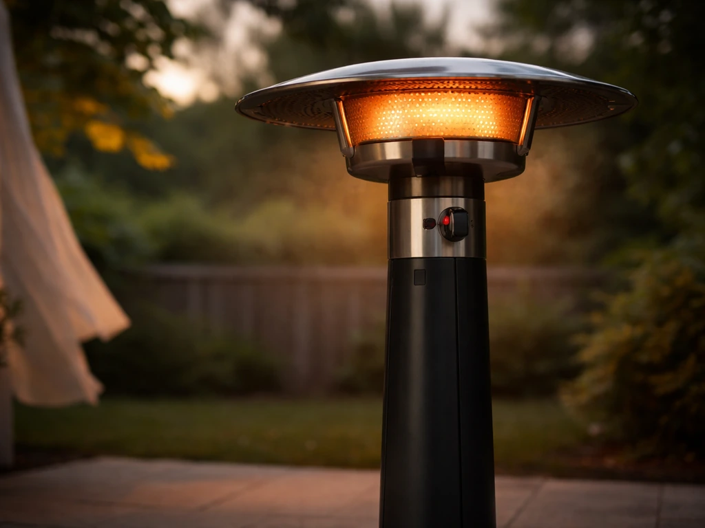 Bromic Tungsten Smart-Heat propane heater outdoors with visible radiant glow in a breezy setting