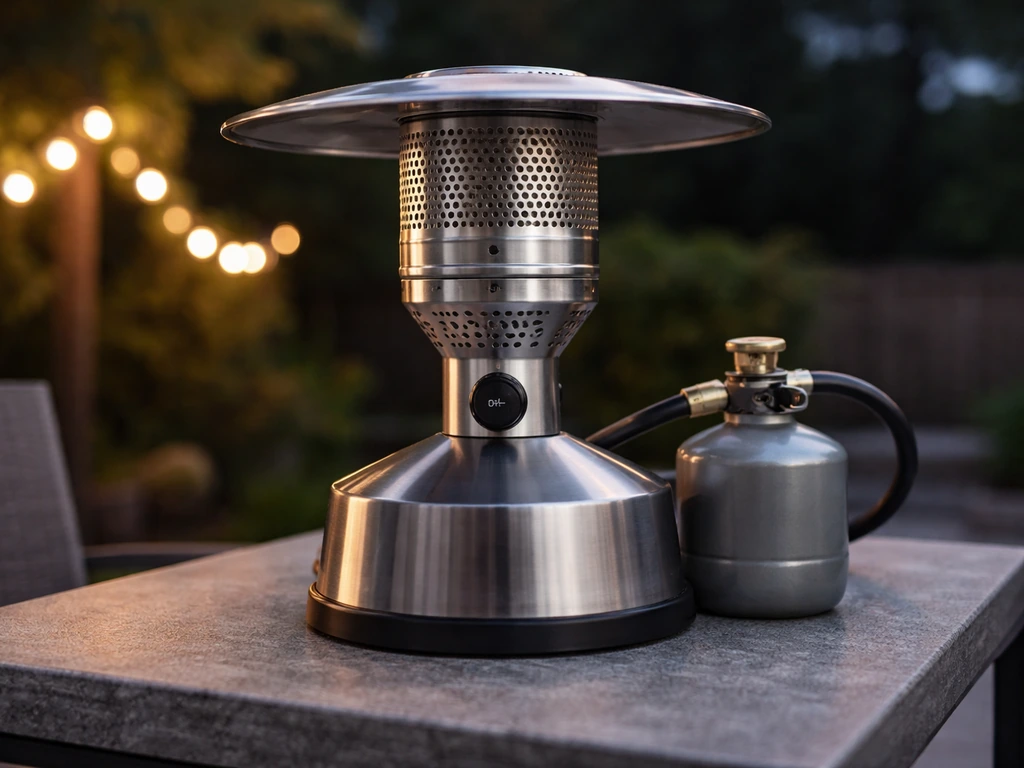 Stainless steel tabletop patio heater beside a small 1-lb propane cylinder, clear view of knob and guard.