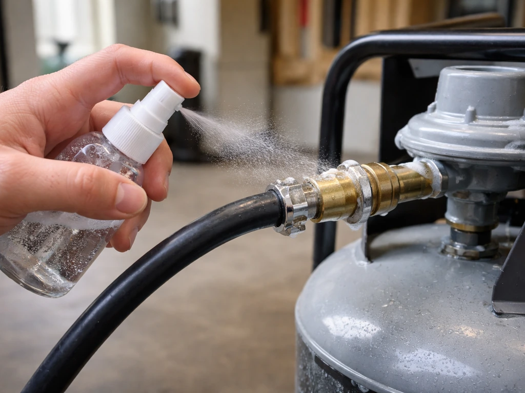 Anonymous hands spray soapy water on propane hose and regulator connections to check for leaks