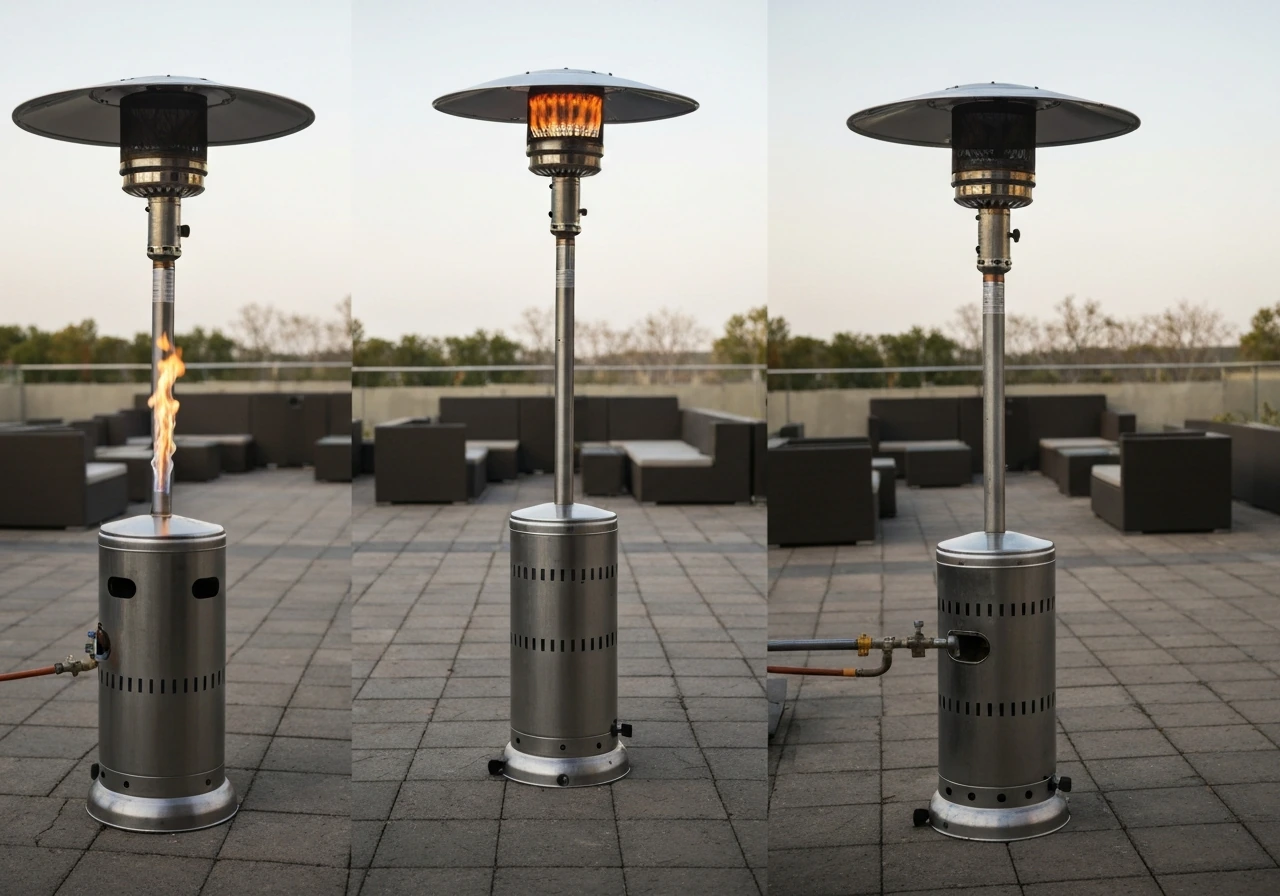 Three types of commercial patio heaters on a quiet patio in one frame, illustrating different fuel options.