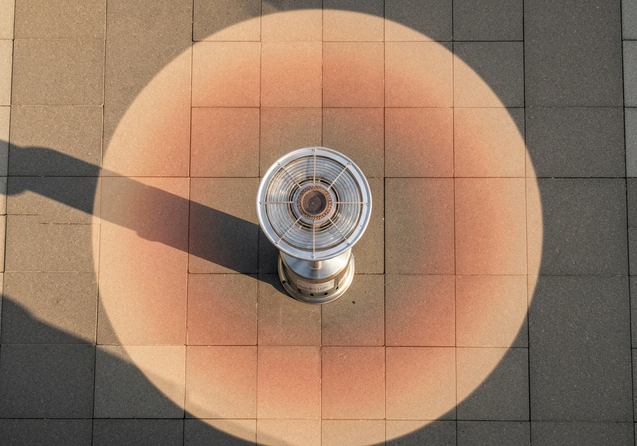 Overhead view of a centered propane heater with a subtle warm circle indicating a 10-foot coverage zone.