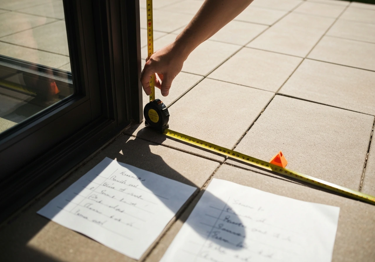 Hand holding tape measure on an outdoor patio, measuring space for heater coverage calculation.