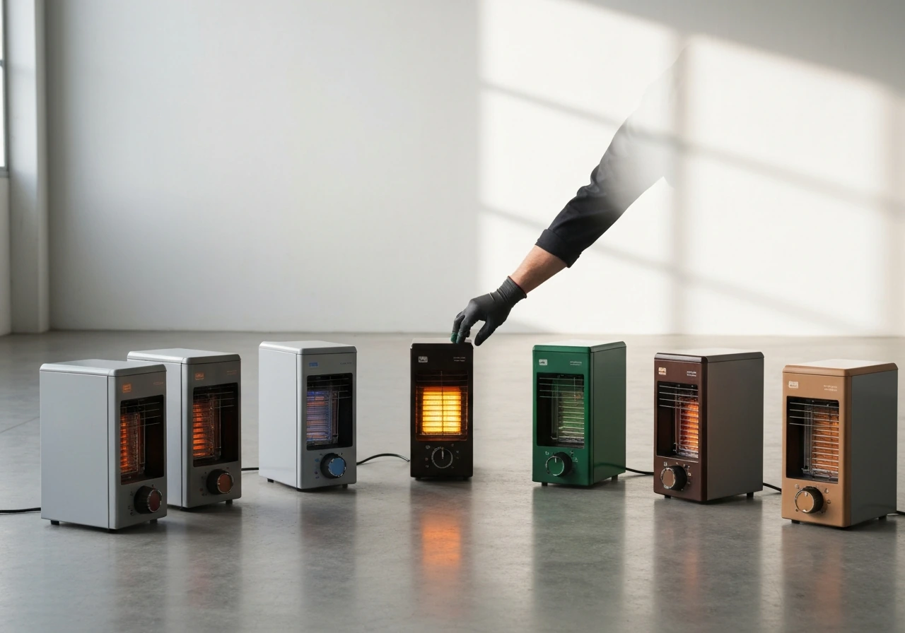 Five commercial heaters with different color accents in a simple warehouse setting, minimal comparison scene.