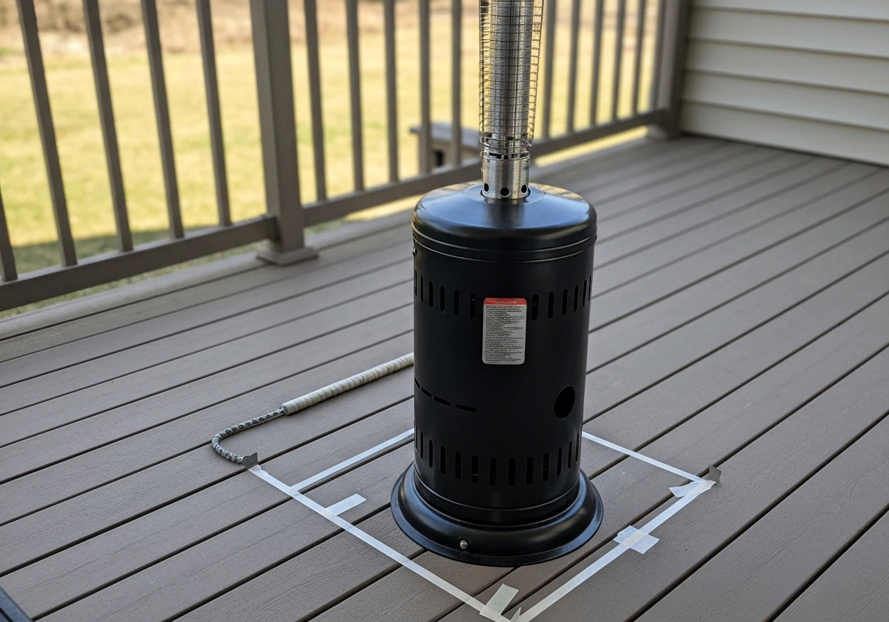 Propane patio heater on a deck with clear 3-foot safety clearance space around it