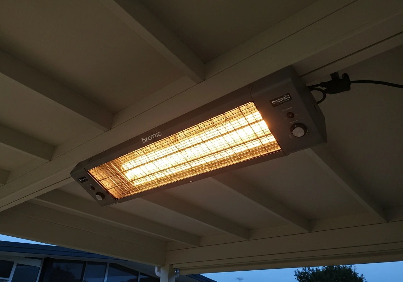 Bromic-style electric patio heater mounted under a covered ceiling, showing the power/control side and radiant glow.
