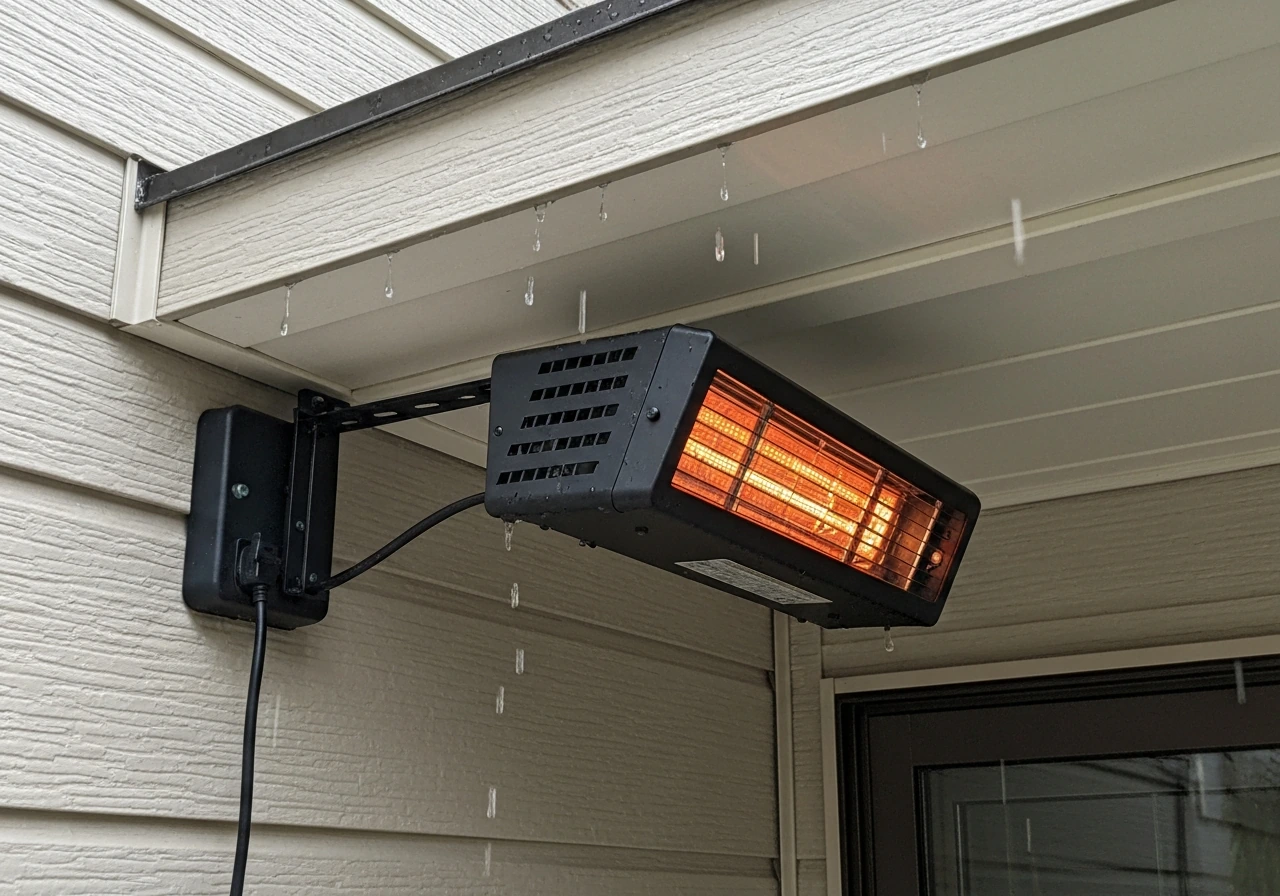 Close-up of a wall-mounted 2000W infrared heater installed under a porch soffit with clearance shown