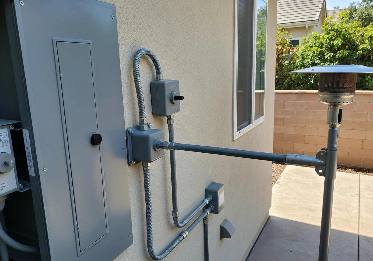 Outdoor-rated 240V conduit and weatherproof disconnect running from a main panel to a patio heater