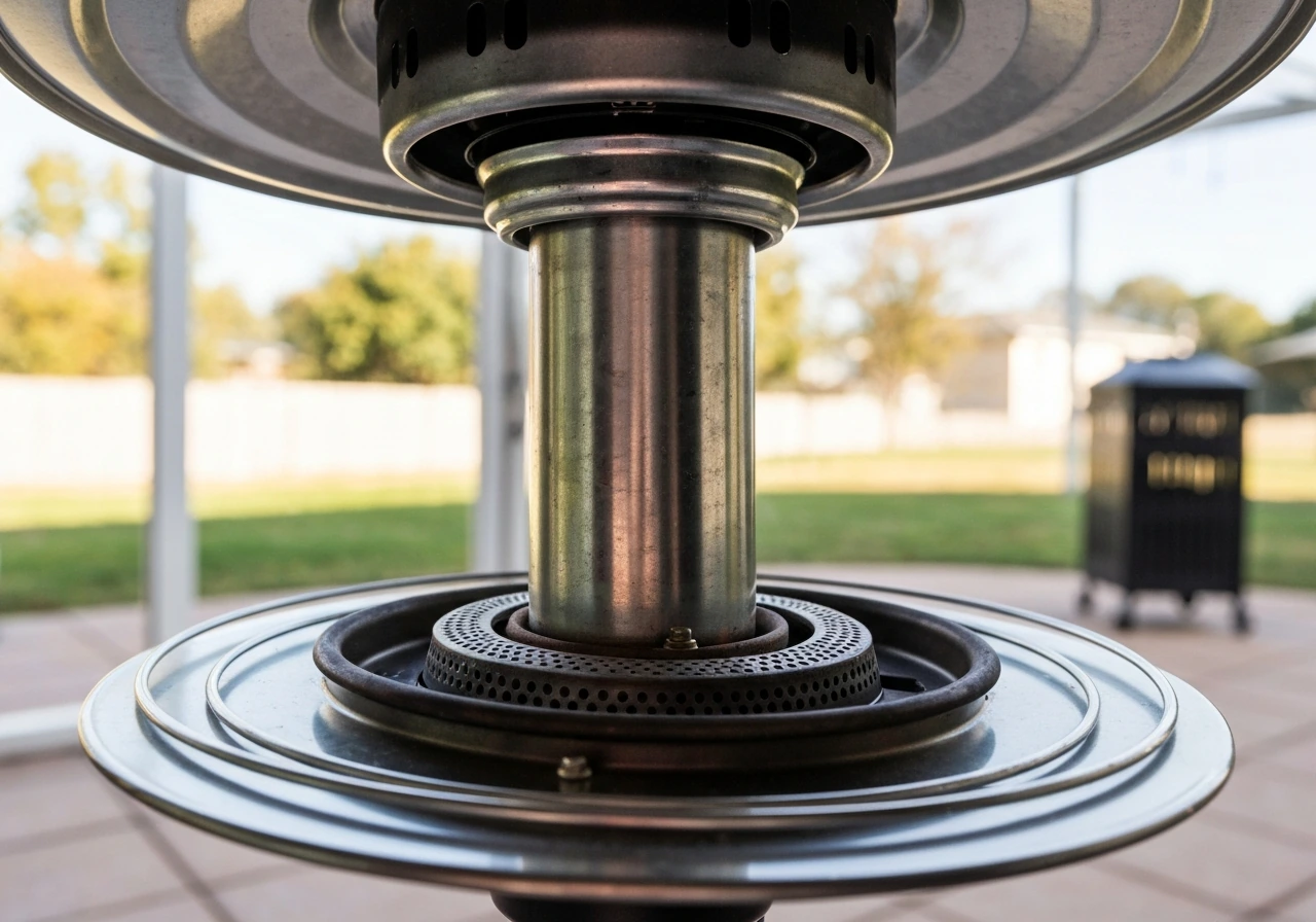 Close-up of a gas patio heater burner area with an unobstructed airflow path and clear ventilation.