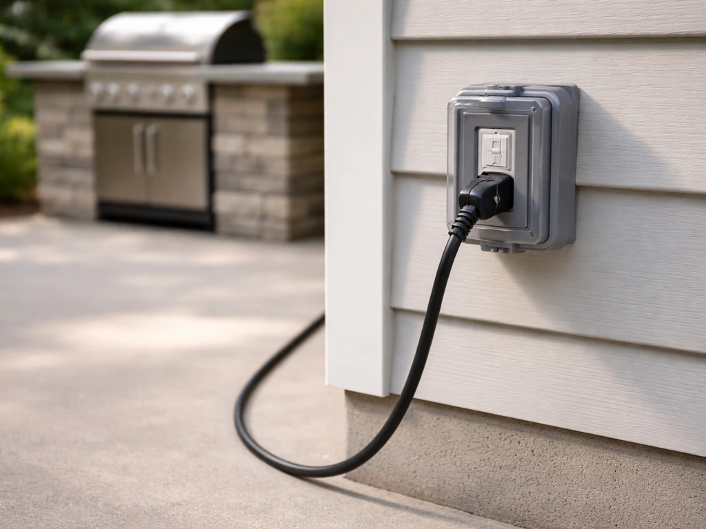 Weatherproof outdoor GFCI outlet with grill power cord plugged in directly on a patio. No extension cord.