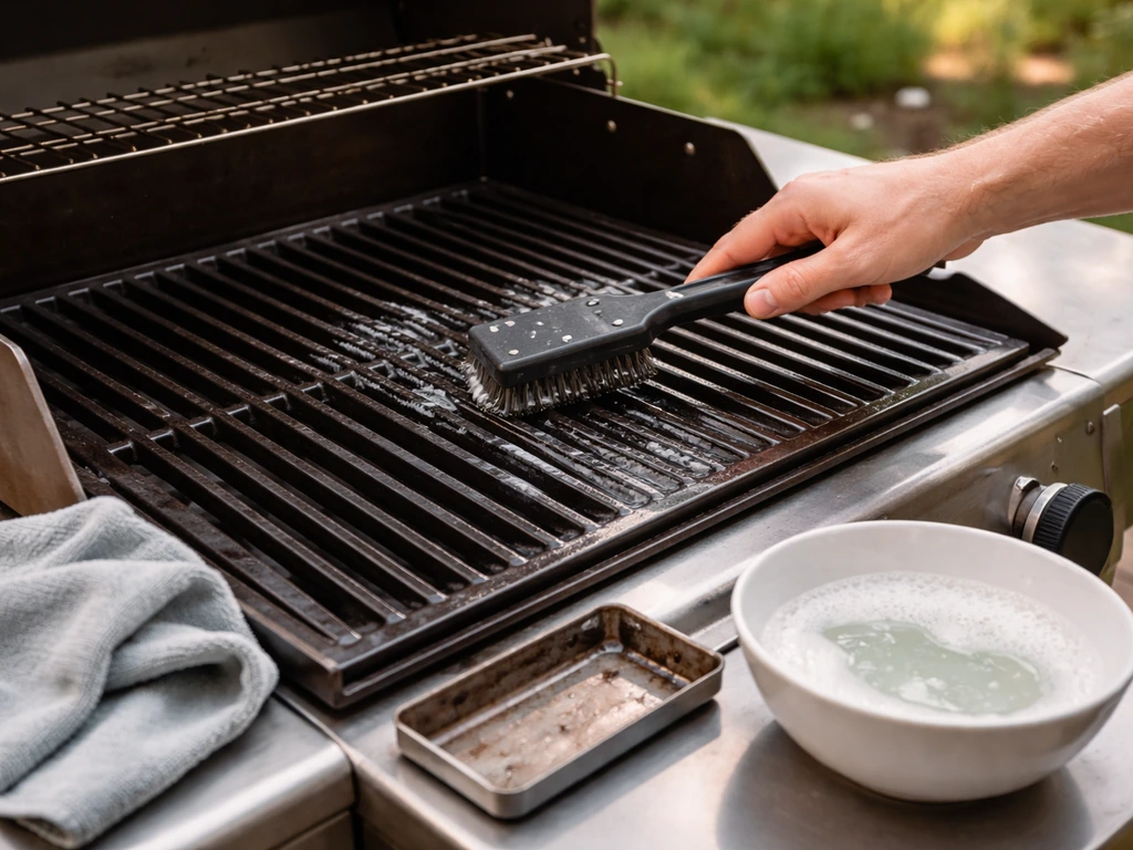 Hand brushing warm grill grates while a drip tray and soapy water sit nearby for cleaning.