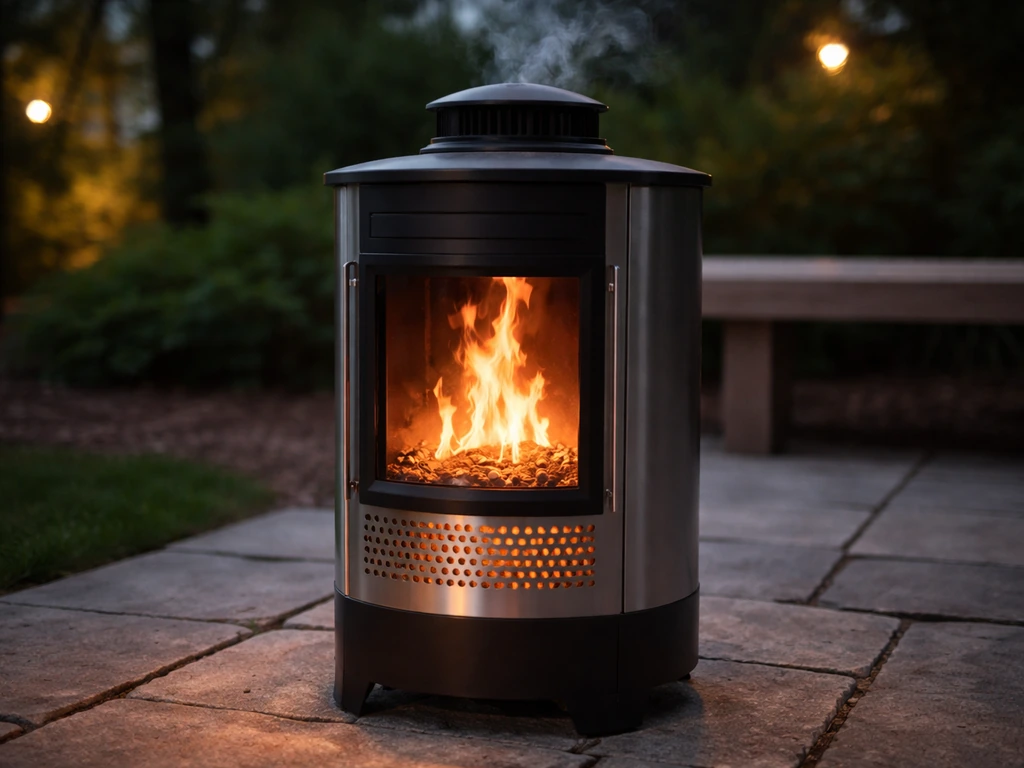 Wood pellet patio heater with active warm flames glowing on an outdoor patio at dusk