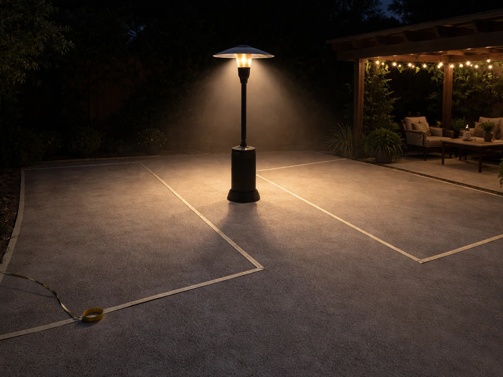 Top-down view of a patio area showing an open vs covered zone with a heater silhouette and measuring tape.