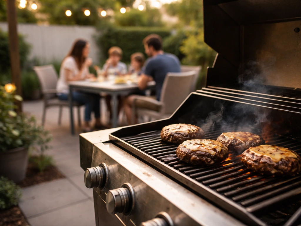 Modern patio BBQ grill cooking burgers with a family enjoying the evening outdoors