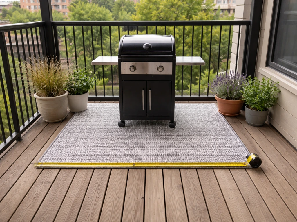 Compact two-burner grill on a small balcony deck with tape-measure clearance space around it.