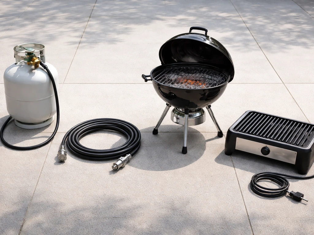 Four patio fuel setups side-by-side: propane tank, natural gas hose, charcoal kettle, and electric grill.
