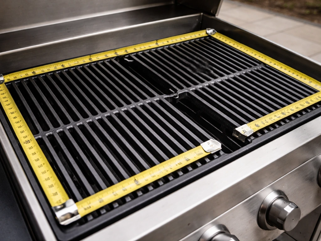 Close-up of a backyard grill cooking area with a tape measure showing grate width and space for food.