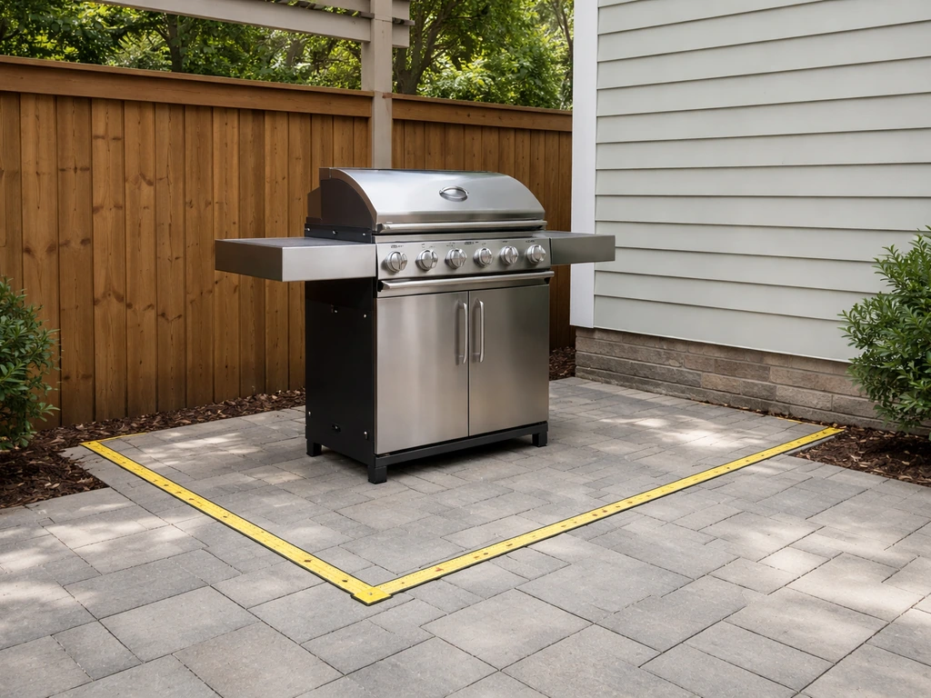 Gas grill in a patio corner with safe clearance space marked away from wood fence and siding