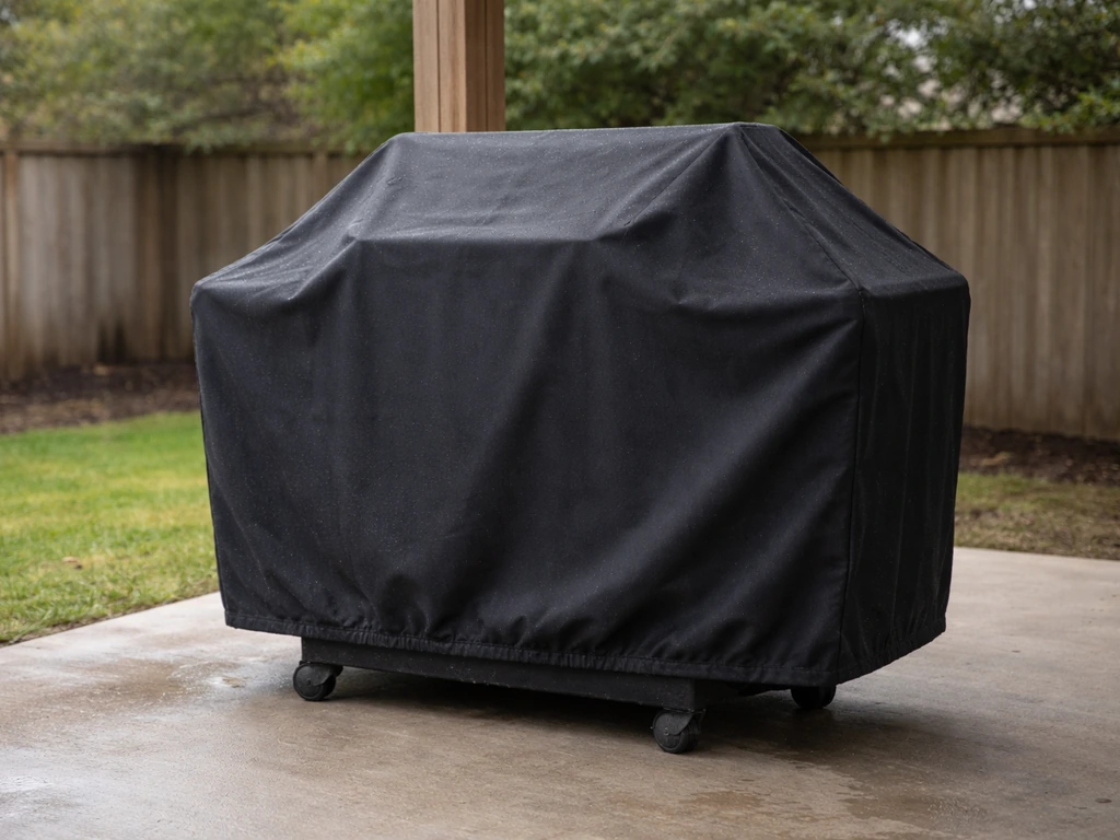 Covered gas grill under a patio, snug grill cover protecting it from rain and UV.