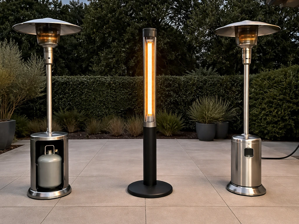 Three patio heaters side by side: propane tank heater, electric infrared heater, and natural gas unit outdoors.