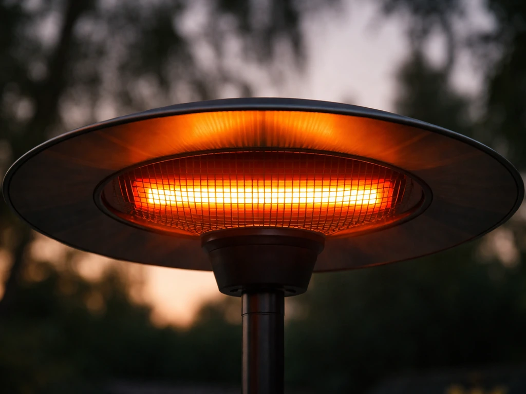 Close-up of a glowing infrared patio heater outdoors with no text or people.