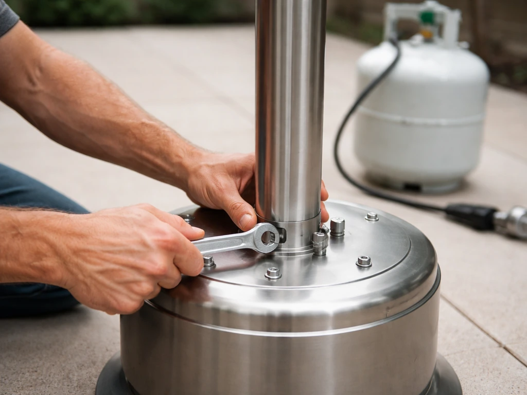Person tightening bolts on a freestanding propane patio heater base/pole during assembly outdoors