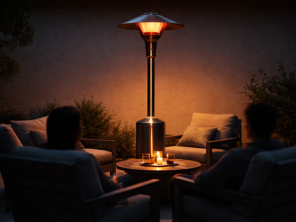 Infrared natural gas patio heater aimed toward an outdoor seating area, warming people silhouettes