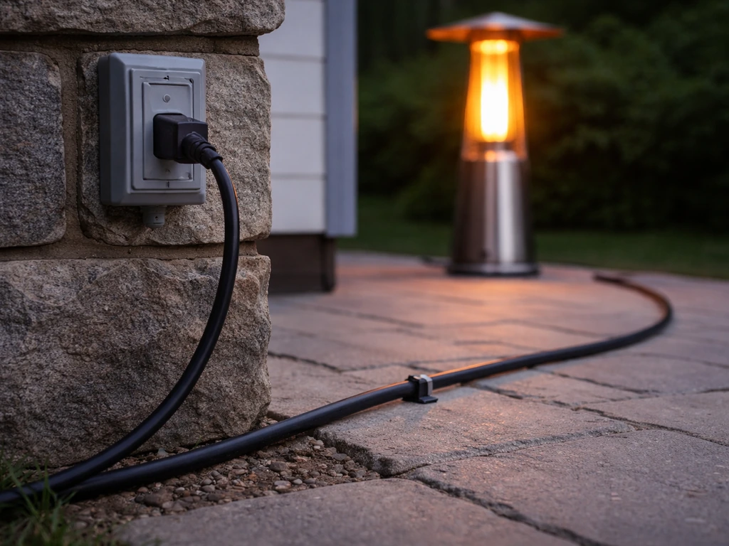Weatherproof outdoor GFCI outlet with a properly routed outdoor-rated extension cord away from a patio heater.