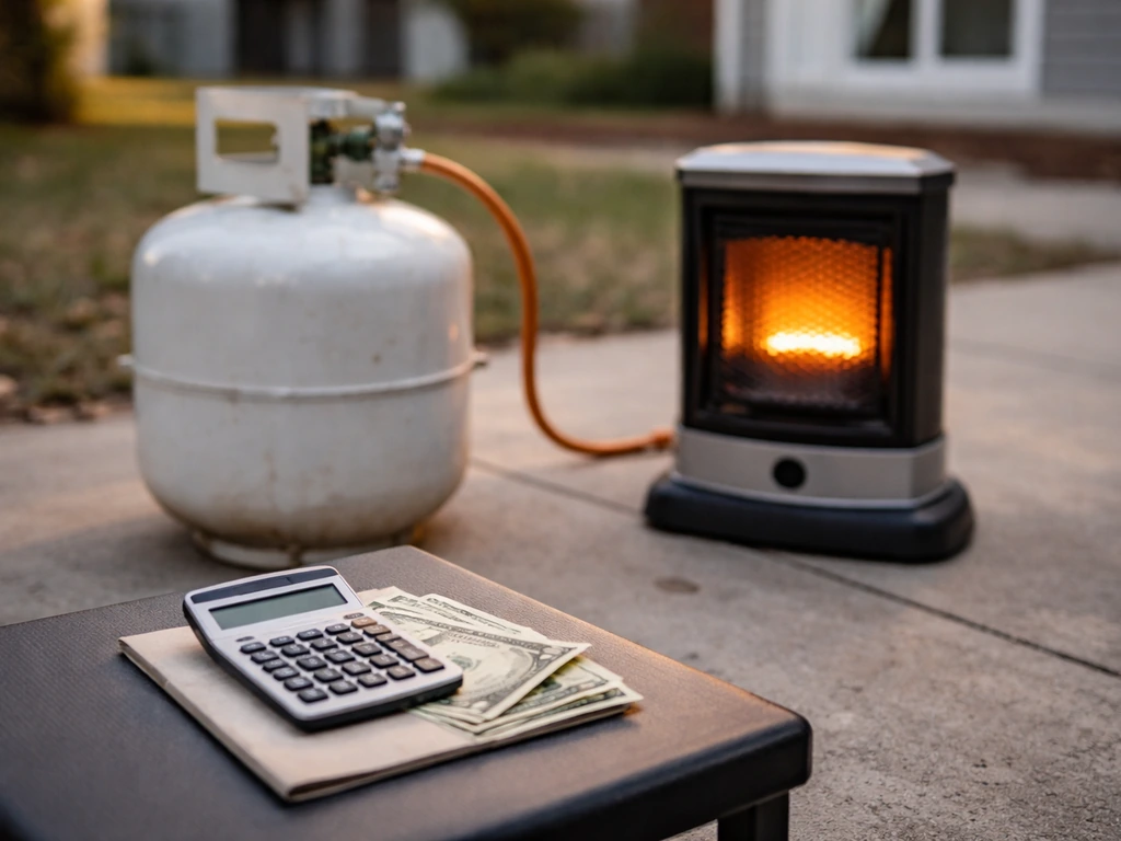 Minimal photo of a propane tank beside a heater with a calculator and cash for estimating running costs