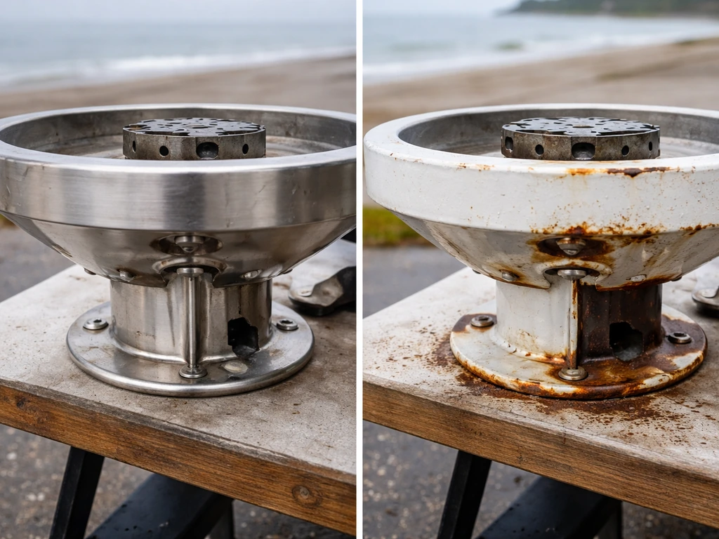 Closeup side-by-side stainless steel vs painted steel burner parts showing better corrosion resistance.