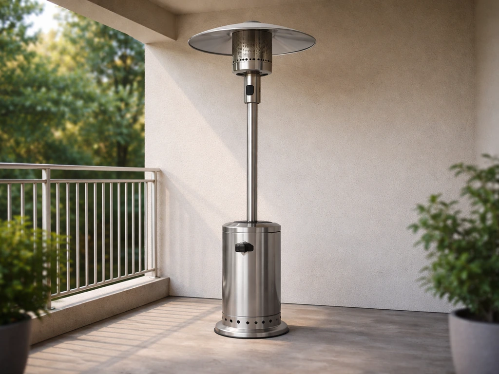 Mushroom-style natural gas patio heater on a semi-sheltered home patio under warm daylight.