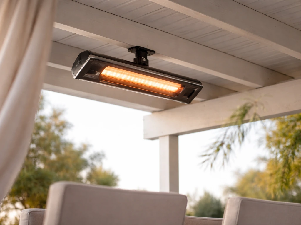 Overhead infrared natural gas patio heater mounted under a covered pergola, showing downward heat direction.