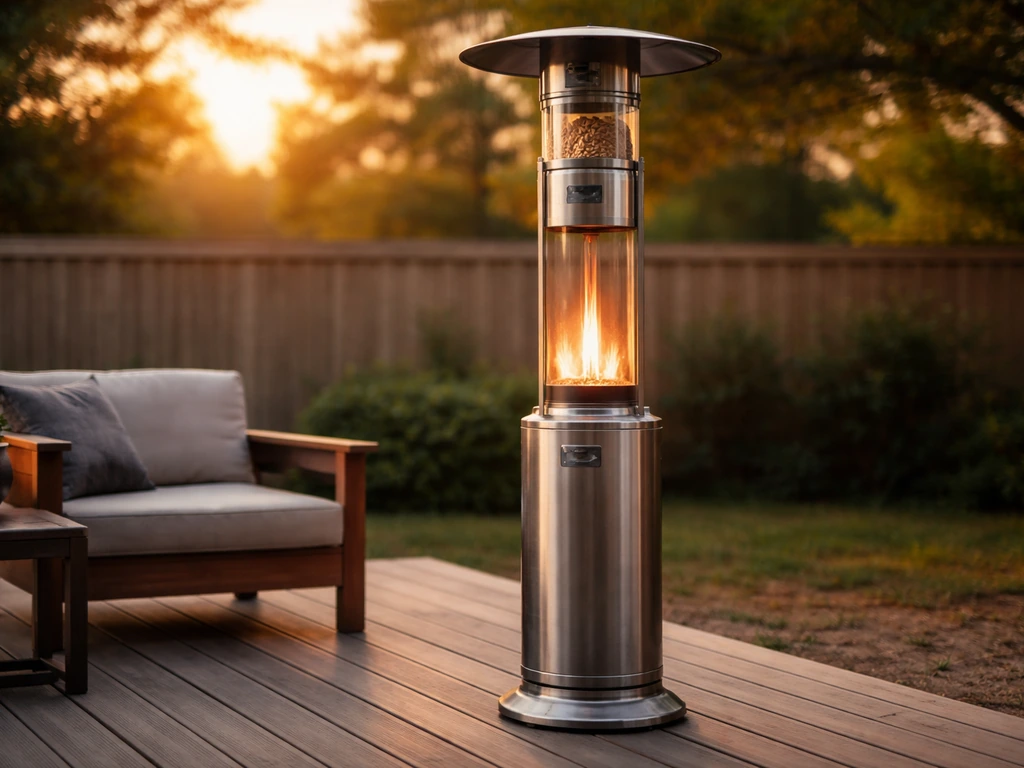 Muskoka 84-inch wood pellet patio heater standing on a patio, showing its tall body and pellet hopper.