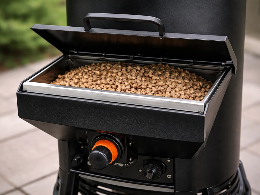 Close-up of a steel pellet patio heater’s hopper and manual-start area on a quiet patio