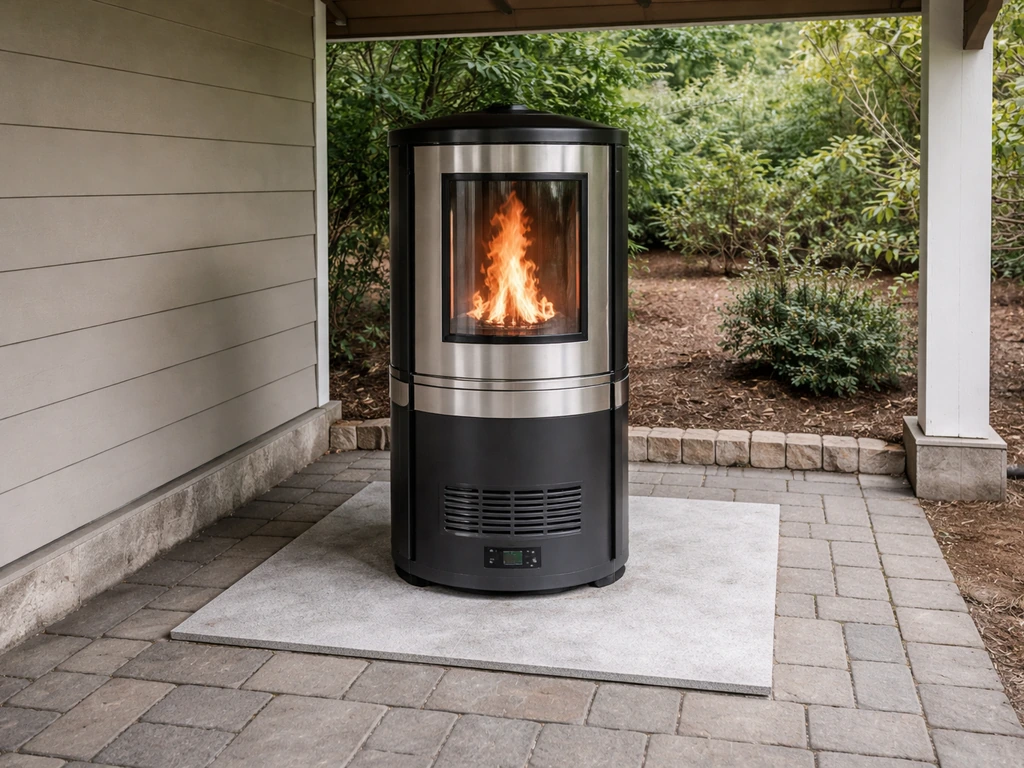 Pellet patio heater on a non-combustible base with clear vent space and weather-safe placement boundaries.