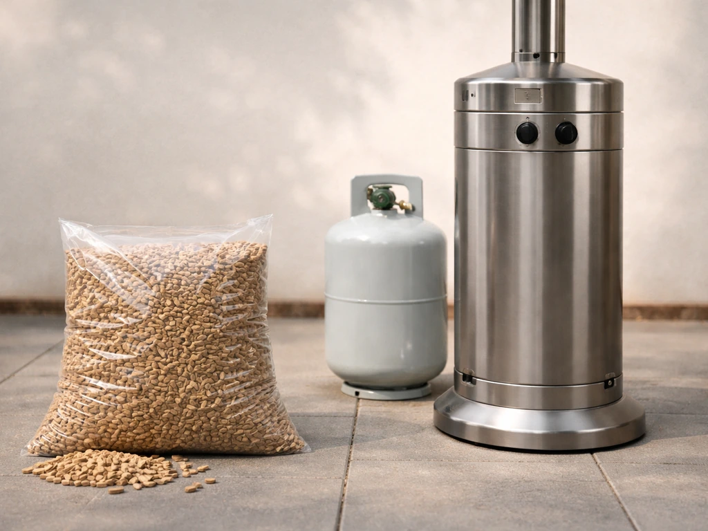 Minimal photo of a patio heater next to stacked wood pellets and a propane canister in daylight