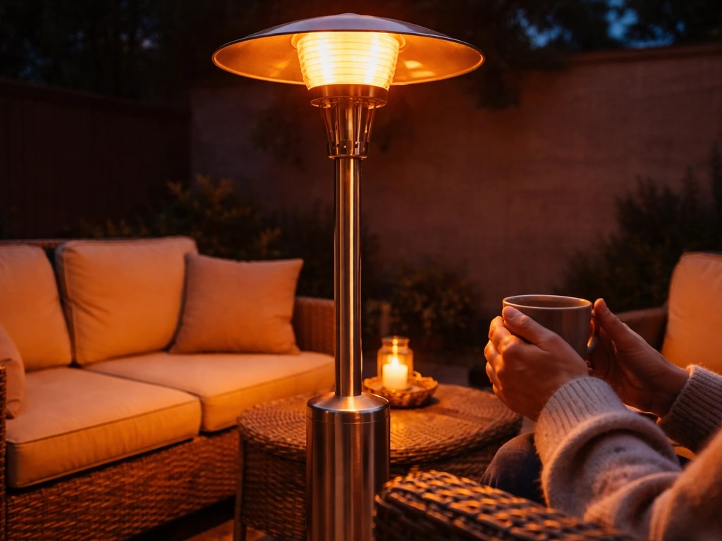Dusk patio with a glowing heater warming nearby furniture and a person holding a mug.