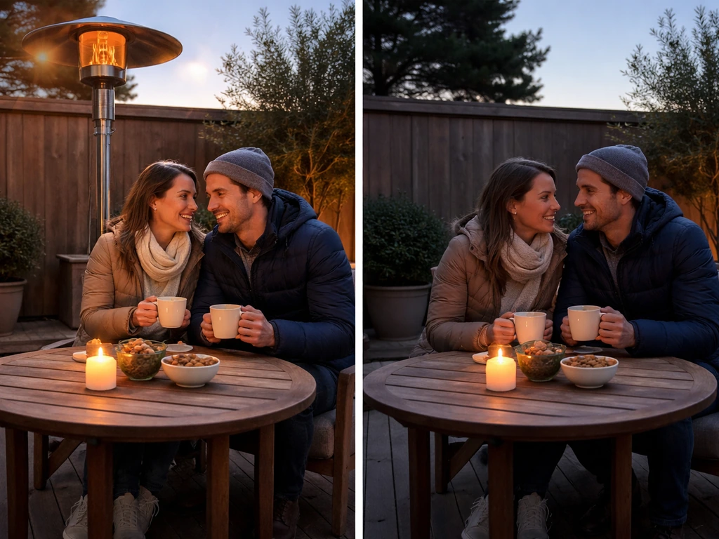 Side-by-side patio scene showing people feeling warmed near a heater while patio air looks unchanged.