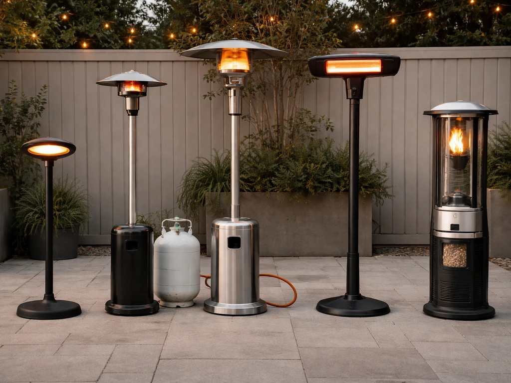Five distinct patio heater types—electric, propane, natural gas, infrared, and pellet—on a quiet patio.